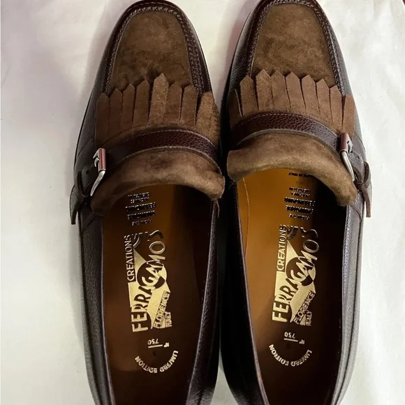 SALVATORE FERRAGAMO TopSz 7 MEN SHOES Brown Suede Fringe Logo Loafer